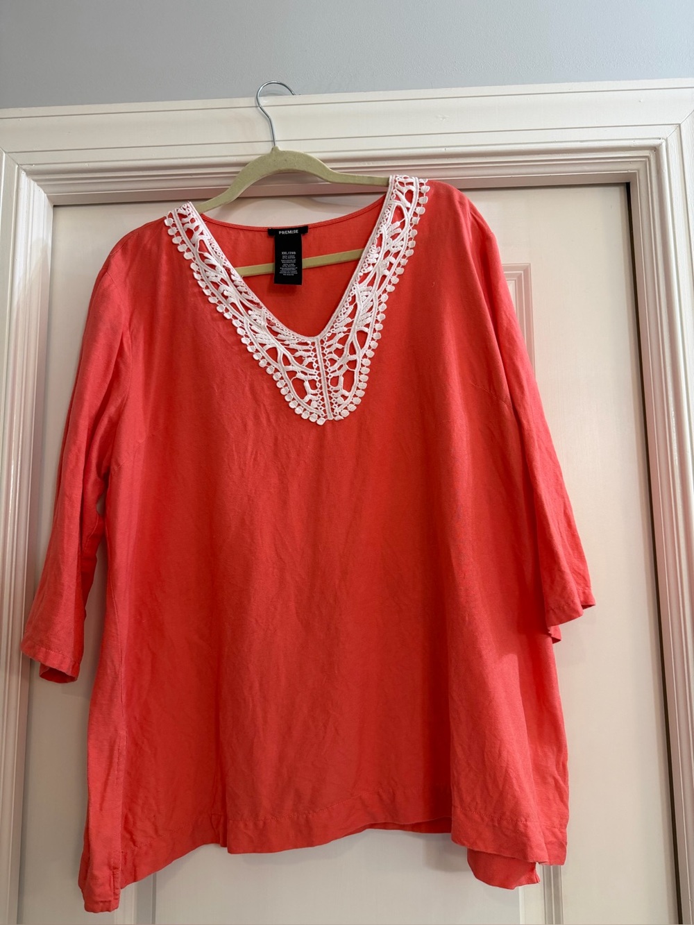 Coral V-Neck Tunic with White Crochet Trim linen blend 2xl EUC